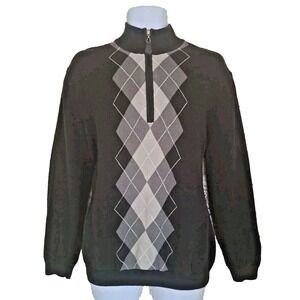 Walter Hagen Sweater Men's L Black Gray Argyle Quarter Zip Cotton Grandpa Core